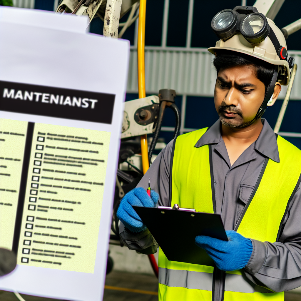 Techniker überprüft Hubarbeitsbühne neben Wartungscheckliste.