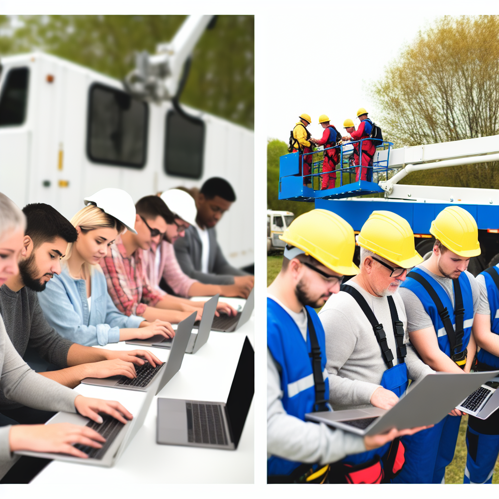 Teilnehmer lernen Hubarbeitsbühnen online und vor Ort.