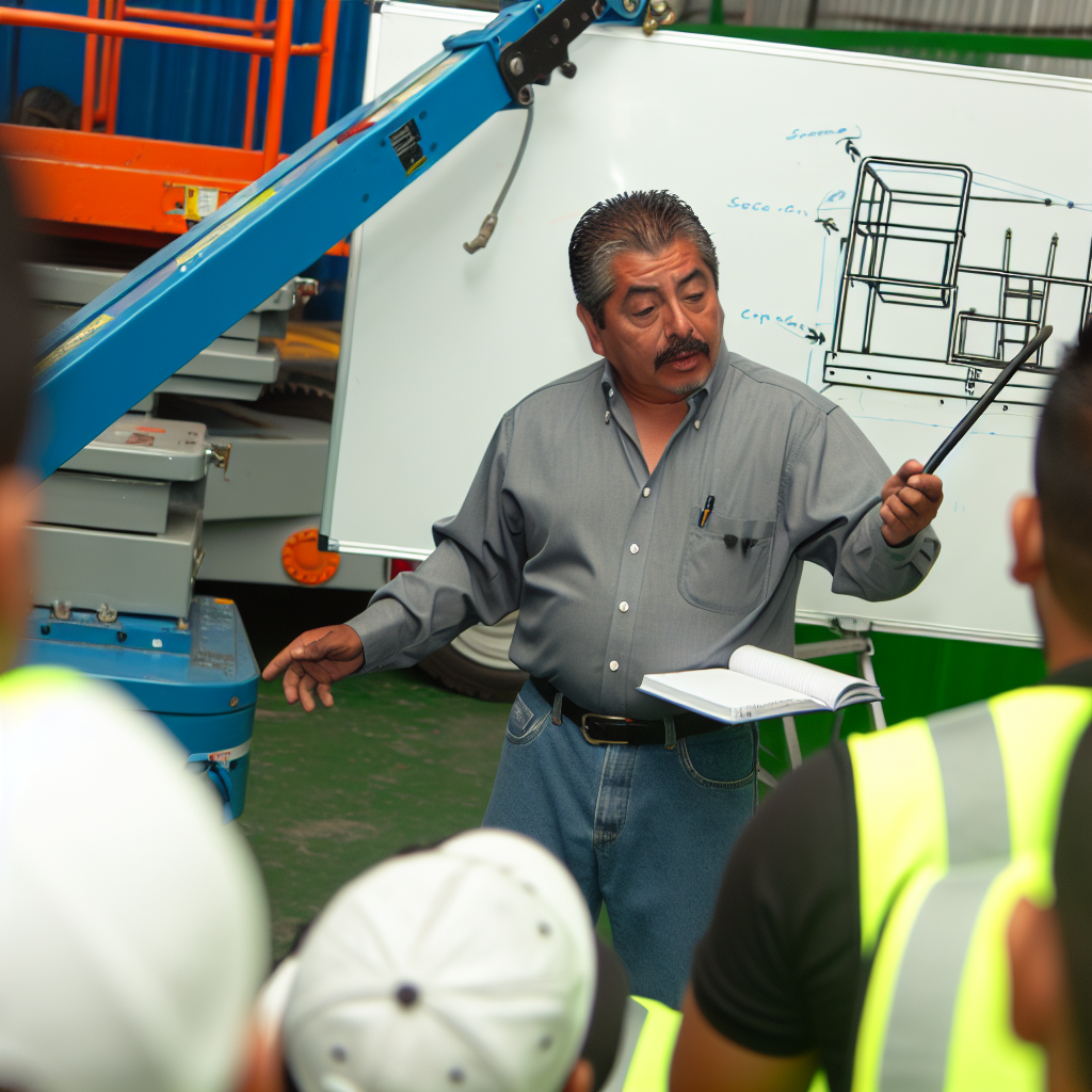 Trainer zeigt Theorie und Praxis zur Hubarbeitsbühne.