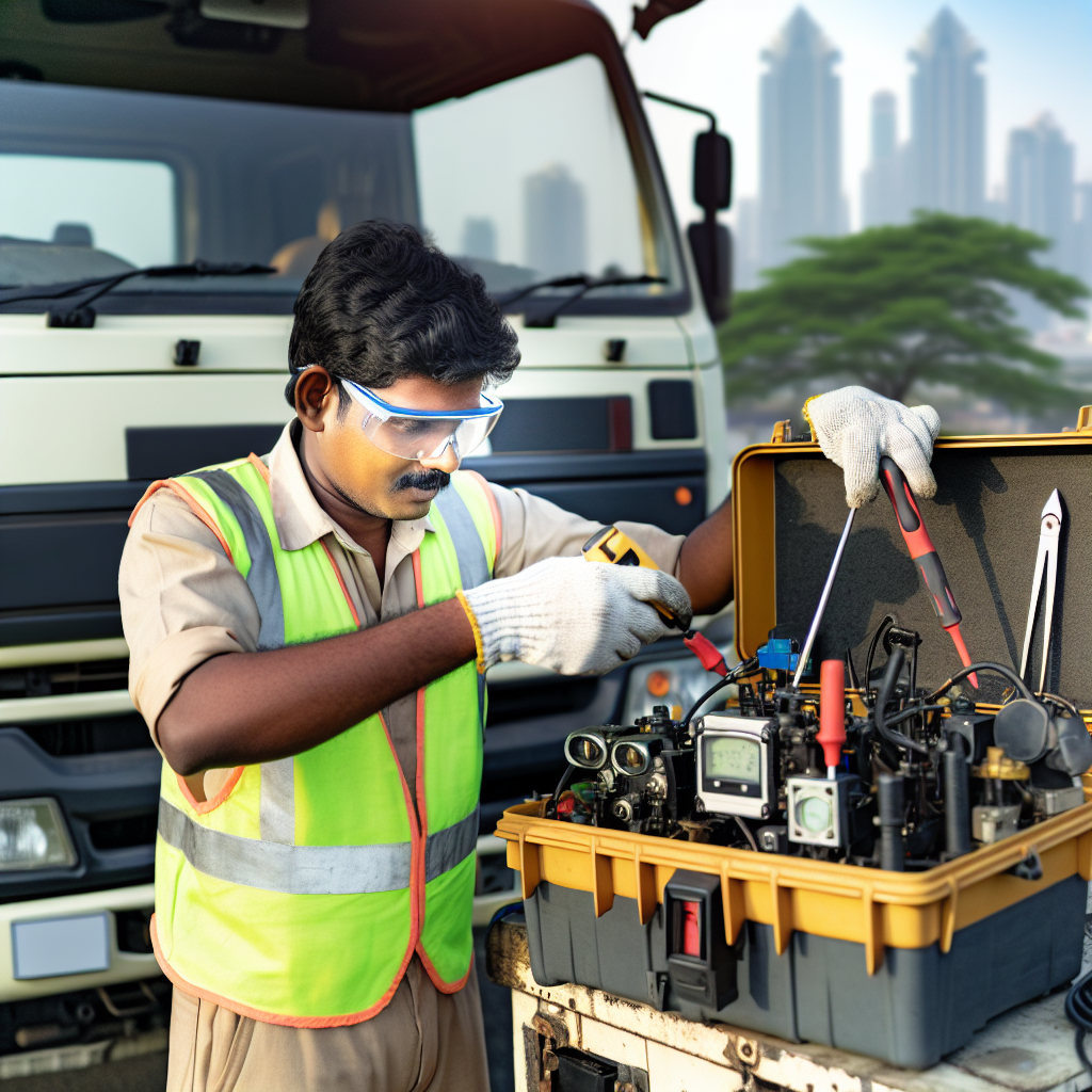 Truck mit Sensoren, Arbeiter führt Wartung durch.