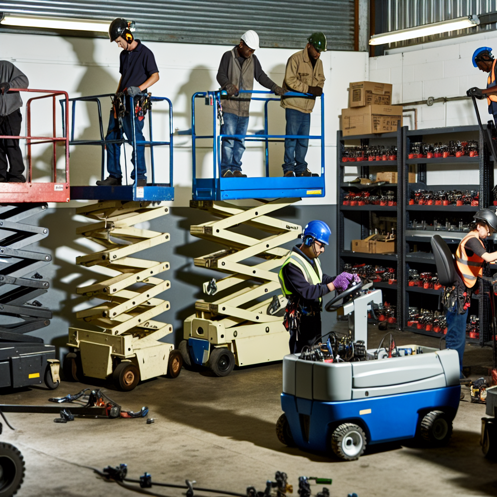 Verschiedene Hubarbeitsbühnen und Techniker bei Wartung.
